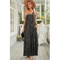 Green Leopard Sleeveless Cut-out Pocketed Maxi Dress