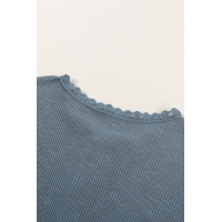 Blue Buttoned Ribbed Knit Short Sleeve Top