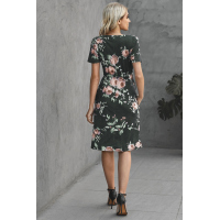 Short Sleeve Pocketed Drawstring Casual Floral Dress