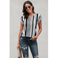 White V Neck Stripes Roll up Short Sleeve Zip Up Blouse