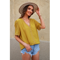 Yellow Lace Splicing V-Neck Swiss Dot Short Sleeve Top