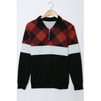 Red Plaid Color Block Zipper Turn Down Collar Long Sleeve Top