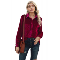 Wine Retro Velvet Pocket Long Sleeve Shirt