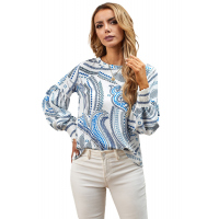 Sky Blue Crewneck Floral Printed Balloon Sleeves Blouse