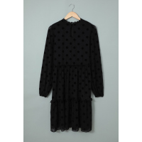 Black Crew Neck Long Sleeve Polka Dot Ruffle Lace Midi Dress