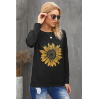 Sunflower Print Black Knit Top