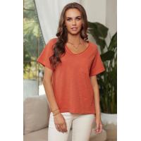 Orange V Neck Short Sleeves Cotton Blend Tee with Front Pocket and Side Slits