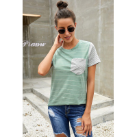 Green Striped Short Sleeve Contrast Color T-Shirt with Pocket