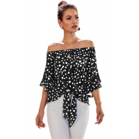 Black Polka Dot 3/4 Bell Sleeve Off Shoulder Front Tie Knot Top