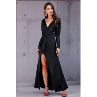 Black Long Sleeve V Neck Wrapped Sequin Bodice Long Prom Dress