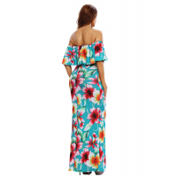 Turquoise Roses Print Off-the-shoulder Maxi Dress