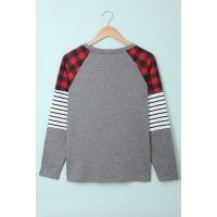 Gray Buffalo Plaid & Stripe Splicing Long Sleeve Top