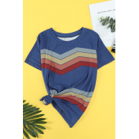 Blue Colorful Wavy Stripes Print Short Sleeve Tee