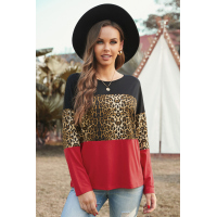 Burgundy Colorblock Leopard Patchwork Long Sleeve Top