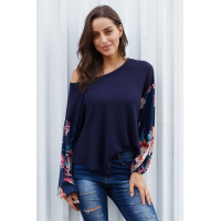 Blue Floral Sleeve Pullover Top