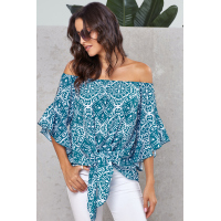 Sky Blue Bohemian Floral Print Off The Shoulder Blouse