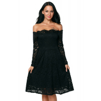 Black Long Sleeve Floral Lace Boat Neck Cocktail Swing Dress