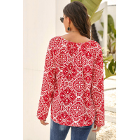 Red Long Sleeve V Neck Printed Chiffon Blouse