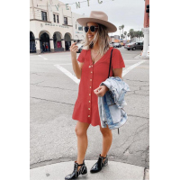 Red Pocketed Button Ruffle Dress