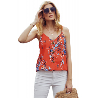 Orange Floral Print Button Up Tank Top