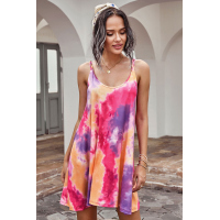 U Neck Gradient Color Printed Sling Sleeveless Swing Mini Dress