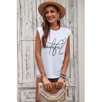 White Padded Shoulder Letter Print Tank Top