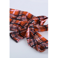 Orange Plaid Patchwork Long Sleeve Top with Cuff Bow