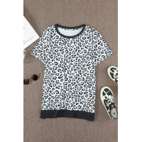 White Crew Neck Leopard Side Split T-shirt