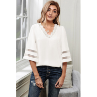 White V Lace Neckline 3/4 Bell Mesh Sleeves Blouse