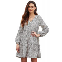 White Leopard Ruffle V-Neck Flowy Loose Tunic Dress