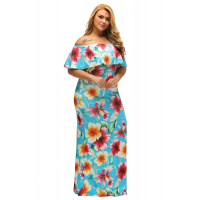 Turquoise Roses Print Off-the-shoulder Maxi Dress