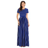 White Striped Navy Short Sleeve Maxi Dress