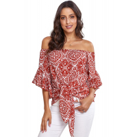 Red Bohemian Floral Print Off The Shoulder Blouse