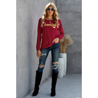 Burgundy THANKFUL Print Off Shoulder Long Sleeve Top without Strap