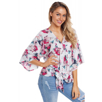 Floral Print Tie Front Kimono Sleeve Blouse