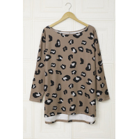 Brown Crew Collar Leopard Print High/Low Hem Long Sleeve Top