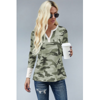 Long Sleeve Cutout V Neck Camo Top