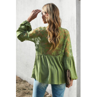 Green V Neckline Lace Shoulder Patchwork Blouse