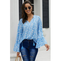 Sky Blue Chiffon V Neck Printed Bell Sleeve Blouse