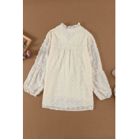 Apricot Ruffled Split Neck Lace Hollow Out Puff Sleeve Polka Dot Blouse