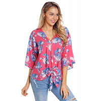 Rose Flowery Print Tie Front Kimono Sleeve Blouse