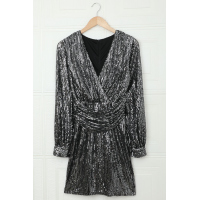 Black Deep V Neck Lantern Sleeve Sequin Dress