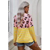 Yellow Long Sleeve Leopard Stripe Print Casual Top