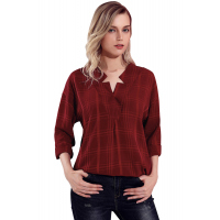 Burgundy Crepe Plaid Notched Neckline Blouse