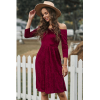 Wine Velvet Off Shoulder Half Sleeve Pleated Midi Dress