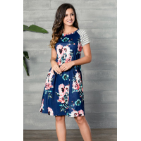 Blue Backdrop Floral Print A-line Loose T-shirt Dress