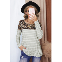 Leopard Print Splicing Apricot Striped Long Sleeve Top with Front Twist 