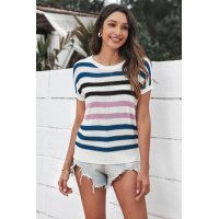 Short Sleeves Crew Neck Striped Knitted Top