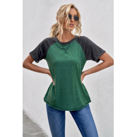 Green Raglan Sleeve Patchwork Colorblock Tee