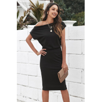 Black Boat Neck Knit Midi Dress 